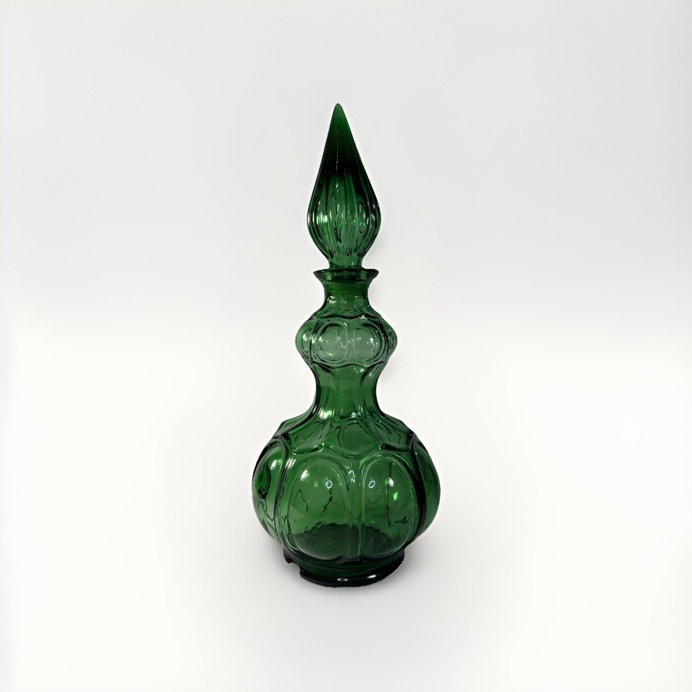 Empoli Italy MCM Green Glass Genie Bottle Corset Decanter Flame Stopper RARE Vtg